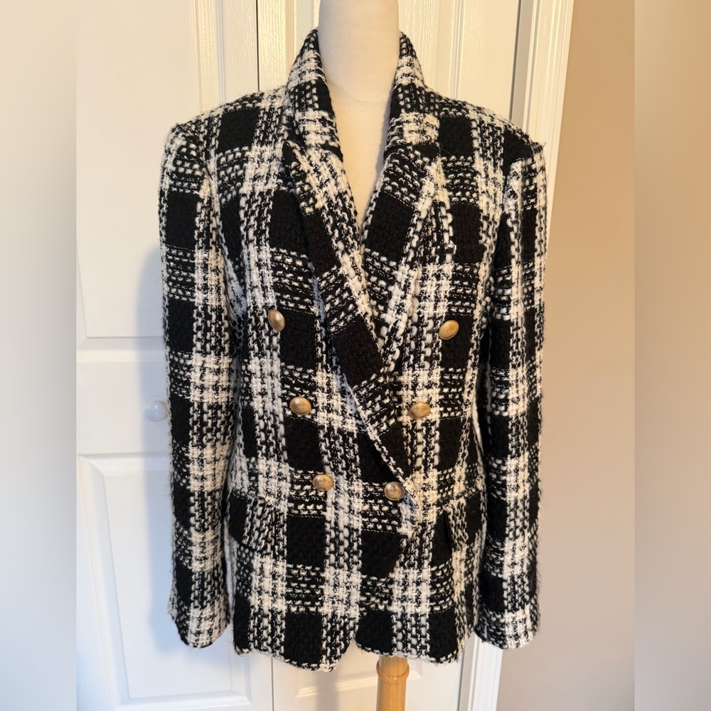 L'AGENCE Black and White Chamberlain Plaid Blazer with Gold Accents